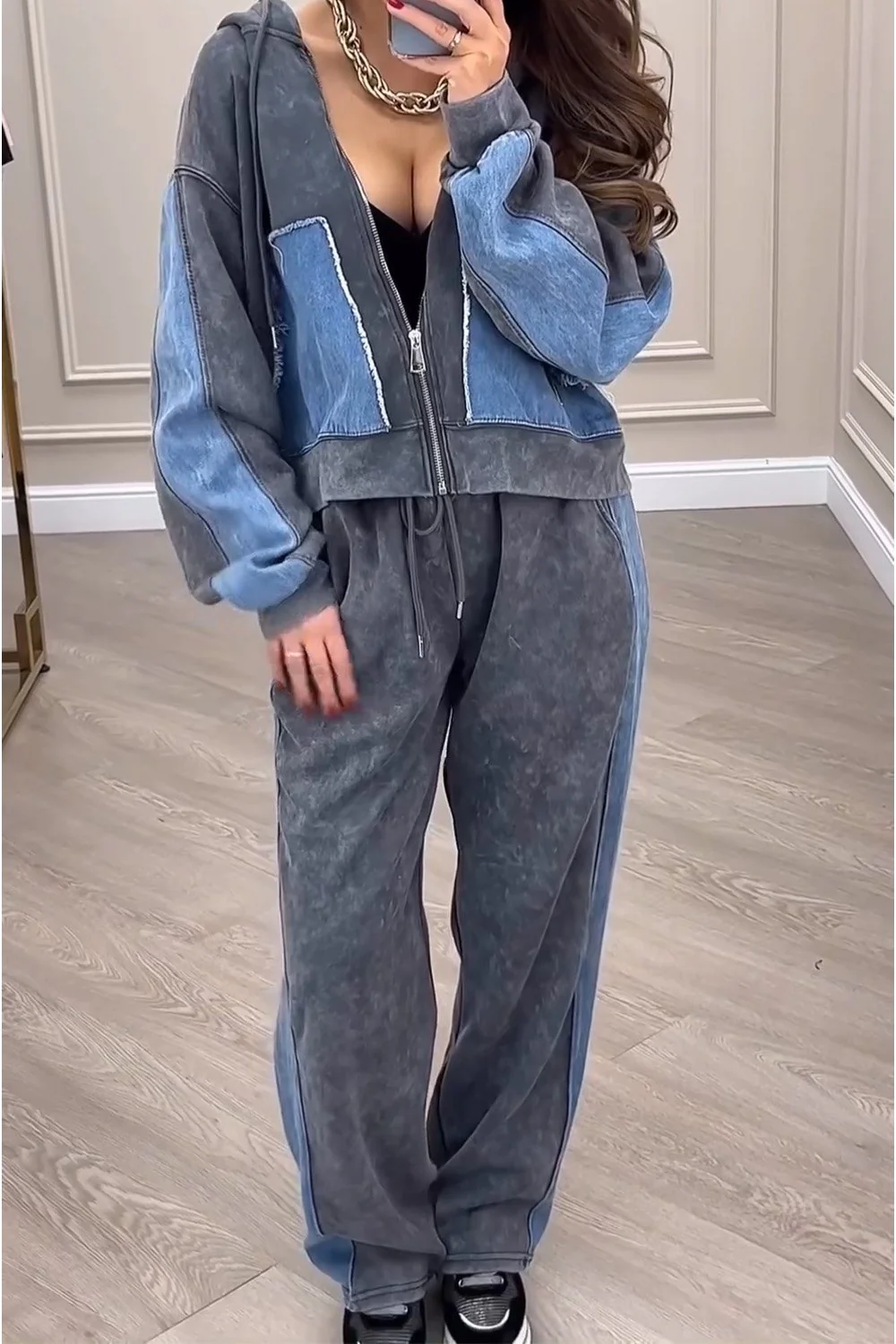 Women's Knitted Patchwork Denim Cardigan Top and Pants Two-piece Set